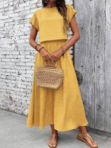 EMERY ROSE 2pcs Women Vacation Casual Solid Color Blouse And Mini Skirt Set