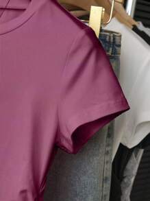 INAWLY 女式大码休闲时尚腰部收紧短袖T恤夏季 - 中紫紅色 - 查看 4
