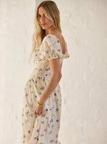 Aralina 女士秋冬休闲度假风印花甜心领泡泡袖修身连衣裙，适合乡村音乐会、教师节、毕业典礼等场合。 - 彩色 - 查看 1