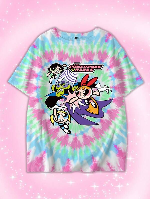 THE POWERPUFF GIRLS X SHEIN Plus Size Fashionable Y2K Colorful Tie Dye Cartoon Graphic Loose Drop Shoulder T-Shirt, Summer Music Festival