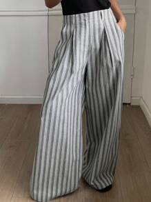 DAZY Pantalones anchos de pierna ancha a rayas holgados con cinturón para mujer, pantalones casuales de vacaciones para otoño