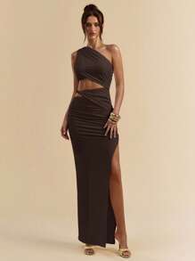 SHEIN BAE Asymmetric White Ruched Form-Fitting Plunging Open Slit Dress, Beach Vacation White Dress, Bohemian Dress,Party Dress,Valentine's Day,Valentine Outfits For Women - Coffee Brown - View 3