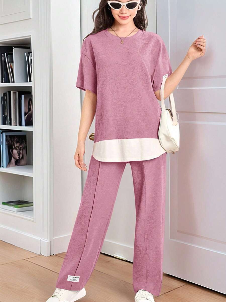 SHEIN 少女粉色、休闲旅行、春夏、假期、返校节、休闲针织拼布、织标、圆领袖上衣套装、通勤、返校装、可爱、假日家庭户外春季野餐日常穿着、适合各种场合 - 藕粉色 - 查看 1