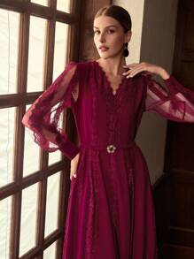 ZEYLAH 蕾丝拼布腰饰派对/正式连衣裙，秋冬 - Bold Plum - 查看 4