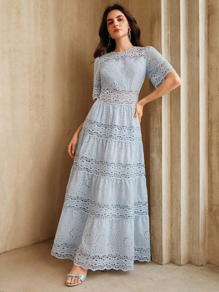 Women's Elegant Lace Patchwork Dress, Blue Long A-Line Bohemian Vacation Dress