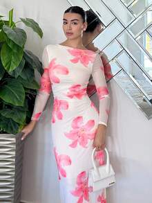 Andrea Bello 情人节粉色花卉印花长袖女式超长网眼连衣裙 - 彩色 - 查看 5