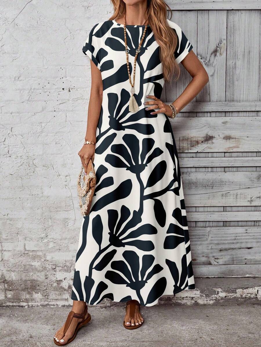 EMERY ROSE Casual Minimalist Multi-Pattern Fit Flower & Retro Print Dress For Women, Versatile Spring/Summer Floral Print Maxi Dress Boho Suitable For Going Out Chic Dress - Multicolor - View 1