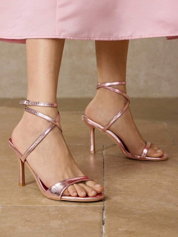 ANKLE STRAP PU LEATHER HEELED SANDALS