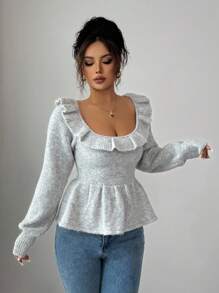Selianne Women Solid Color Long Sleeve Ruffle Hem Fitted Sweater Fall Winter Cloth For Women - Grey - View 5