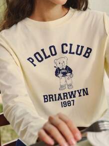 Briarwyn 女士圆领长袖休闲熊图案舒适上衣、图案 T 恤、秋季女装、返校季、复古风女装 - 黃色 - 查看 2