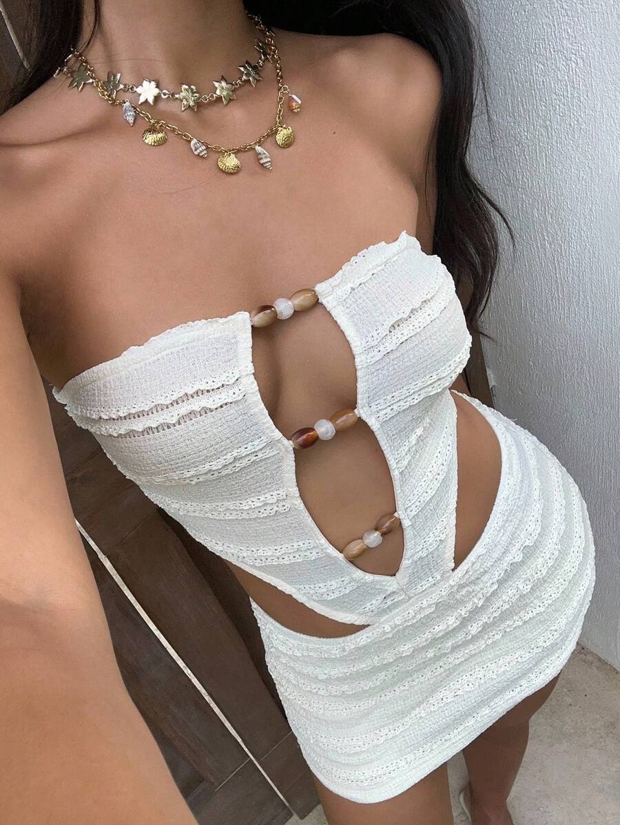 Sunnyshic Women's Vacation Casual Fashion Hollow Pearl Decor Backless Bandeau Mini Dress - Apricot - View 1