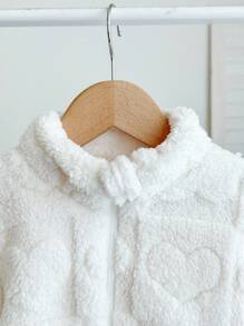 SHEIN LMoss Kids Áo khoác cổ đứng lông thú dễ thương và giản dị cho bé gái LMoss có họa tiết trái tim, hoàn hảo cho mùa thu và mùa đông - trắng - Xem 4