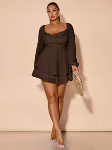 SHEIN BAE 大码女式垂坠领长袖连体衣，休闲日常/节日/派对装，黑色纯色，A 字廓形，缎面面料，性感甜美 - 咖啡棕 - 查看 6