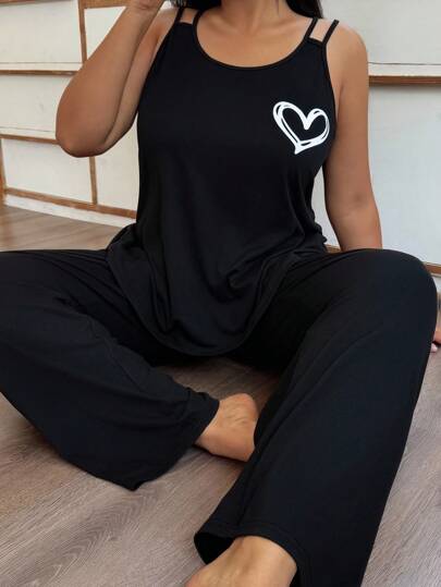 SHEIN Napfluff CURVE Plus Size Soft Skin-Friendly Cami Top & Pants Casual Pajama Set, Loungewear, Outfits