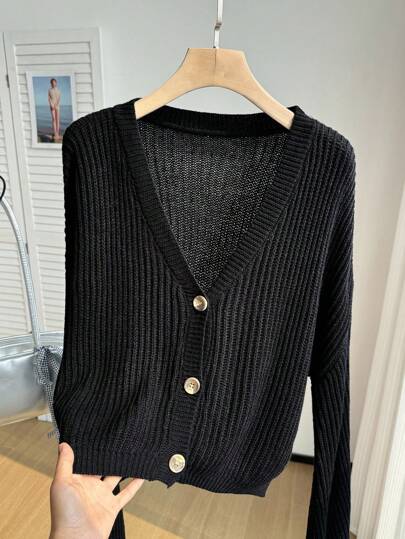 SHEIN EZwear Plus Size Women's Lantern Sleeve Button Front Rib Knit Black Cardigan,Long Sleeve Tops,Fall,Winter,Back To School,Warm Autumn