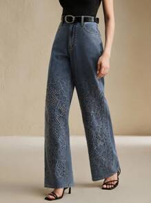 Anewsta Elaire Women's High Waist Fashion Embroidered Lace Loose Straight Wide Leg Jeans Pants - Blue - View 6
