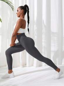 Easithlete Quần bó tập yoga liền mạch dệt kim kiểm soát bụng nâng mông thoáng khí nhanh khô quần bó thể thao có cạp chun rộng quần bó tập luyện bằng vải thun Spandex - Màu xám đen - Xem 4