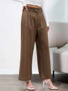 Modelyn Women French Elegant Style Button Closure Loose Wide Leg Pants, Solid Color Fall Cloth For Women - Khaki - View 5