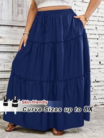 SHEIN CURVE+ Jupe décontracté pour femmes grandes tailles, couleur unie, avec ceinture nouée, volants et poches