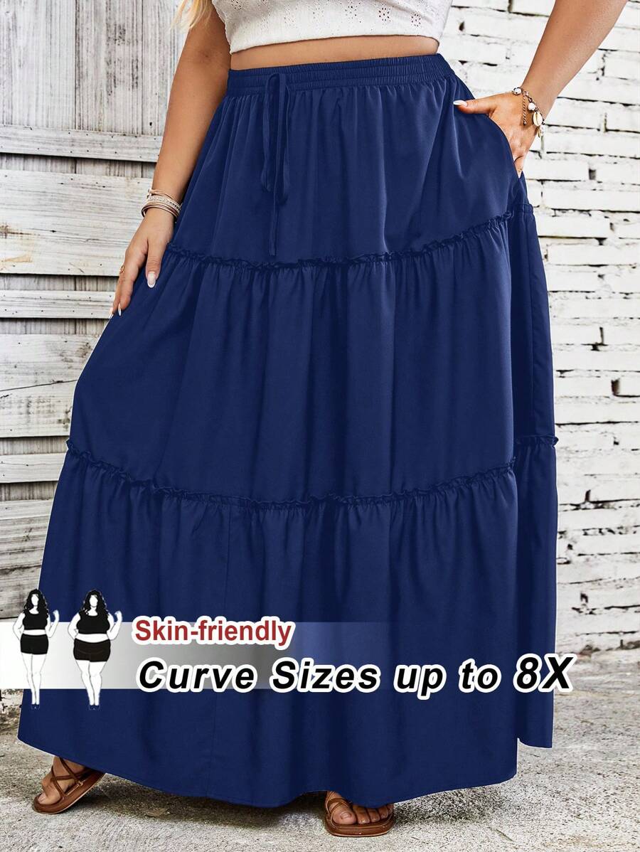 SHEIN CURVE+ 大码女式纯色系带腰部荷叶边口袋休闲半身裙，假日款 - 藏蓝色 - 查看 1