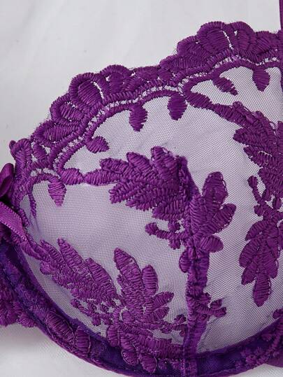 Verleidelijke Kanten Geborduurde Doorschijnende Lingerie Set, Paars Set BH Butterfly view 6