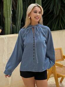 Livesso 女式休闲水洗抽绳V领长袖牛仔衬衫 - 藍色 - 查看 5