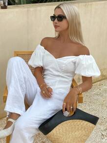 Livesso Áo sơ mi tay bồng trơn màu thanh lịch dành cho nữ, áo trễ vai mùa hè - trắng - Xem 3