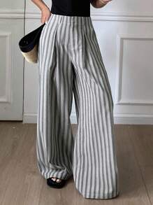 DAZY Pantalones anchos de pierna ancha a rayas holgados con cinturón para mujer, pantalones casuales de vacaciones para otoño