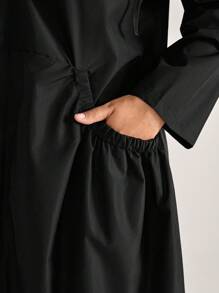 Comfylo 加大码时尚纯色军绿色连帽口袋设计中长款夹克秋季带口袋女式风衣外套冬装 - 黑色 - 查看 4