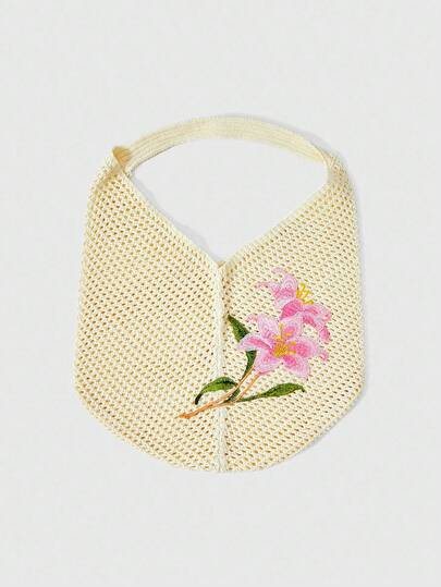 Fairycore 1 pieza Bolsa de playa de tela con bordado de flor de Lily, bolso de hombro de estilo de playa personalizado de moda de lona para mujeres