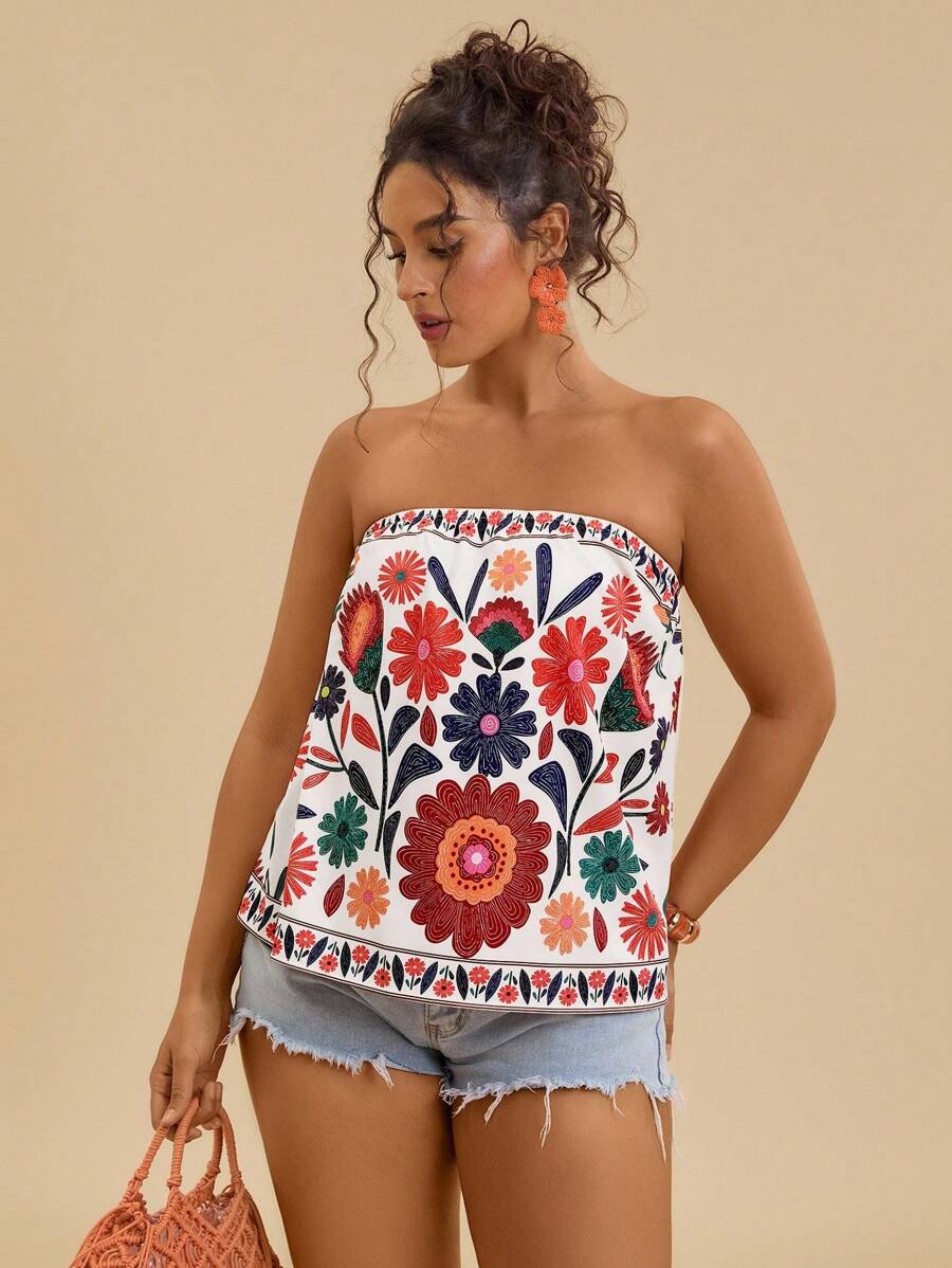 Travachic 加大码露肩波西米亚风上衣，带有彩色花卉图案和褶边细节花卉抹胸露肩上衣夏季抹胸抹胸女式露肩上衣，女士假日服装