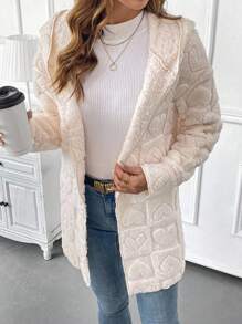 SHEIN Clasi 女士休闲蓬松心形图案连帽大衣，秋冬 - 米色 - 查看 4