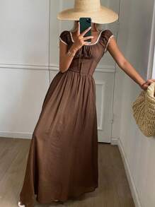 Livesso Women's Contrast Color Off Shoulder Ruffle Front Tie Dress, Fashion Dress - Brown - View 3