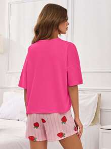 EURMUSE Cotton 2Pcs Strawberry Printed Detail Short Sleeve Shirt And Shorts PJ Set - Hot Pink - View 2