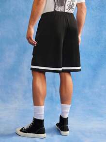 PEPSI X SHEIN 男士休闲字母印花斜口袋短裤，夏季 - 黑色 - 查看 2