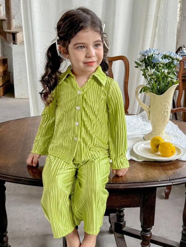 LMoss Kids LMoss 2 Piece Set  Baby Girl Woven Solid Pleated Casual Shirt And Loose Casual Pants Set Lime Green Toddler Outfit Girl Toddler Girls Pleated Set Girls Toddler Woven Green Set Two Piece Toddler Girls Lime Green Outfit Pleated Green Shirt And Pants Set For Toddler Girls