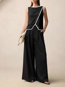 BizChic 2025秋季新款黑白撞色不对称下摆优雅时尚都市浪漫简约乡村风音乐节机场旅行婚礼宾客生日万圣节商务休闲办公室约会派对郊游返校女装上衣 - 黑色 - 查看 3