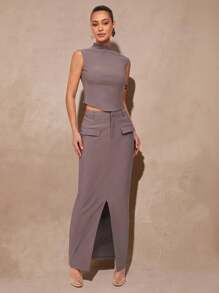 Silquee Damska jednolita szara spódnica maxi z rozcięciem na dole na lato - Szary - Zobacz 9