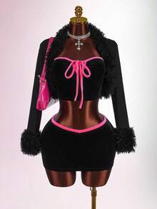 Amplova Solid Fuzzy Trim Open Front Crop Fall Clothes Women Jacket - Black - View 5