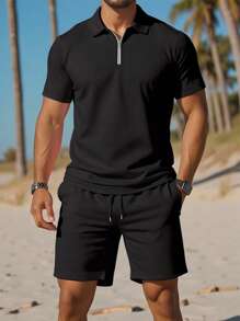 Manfinity Dauomo 男士休闲纯色短袖 Polo 衫和短裤套装，夏季舒适服装 - 黑色 - 查看 1
