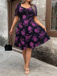 Pretty and Ole Plus Size Women Floral Print V-Neck Short Sleeve Knee-Length Dress - Purple - View 6