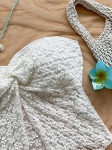 Soleia Áo crop top họa tiết hoa mơ dệt kim viền xoắn cho nữ, thích hợp cho kỳ nghỉ, trở lại trường, hẹn hò thường ngày, tiệc tùng, đám cưới, bãi biển mùa xuân/hè, lễ hội âm nhạc, phong cách boho - Màu be - Xem 4