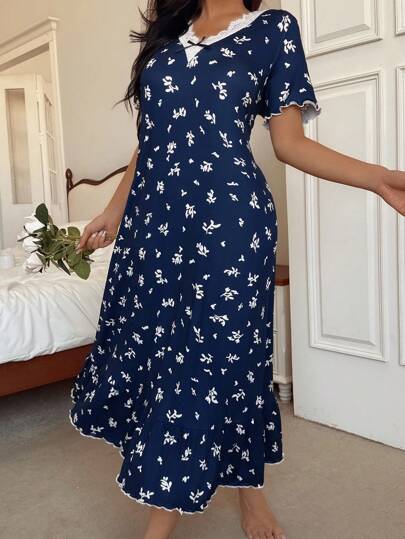 CottageSlumber Romantic Flora Ditsy Bloemen Ruffle Kanten Splicing Neck Zachte Milk Zijden Mid Length Ladies Home Com Tafel Nightgown, Marine Vintage Pajama Dress, Moo Cozy Elegante view 5