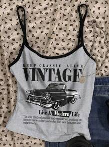 SHEIN Explorewe 青少年休闲复古汽车图案吊带背心，撞色饰边，四季皆宜 - 灰色 - 查看 3