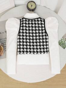 青少年女孩休闲时尚泡泡袖白衬衫和千鸟格背心两件套，返校舒适装 - 白色 - 查看 2