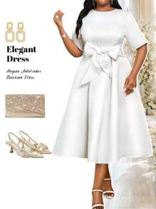 SHEIN Lady 春夏优雅端庄派对婚礼情人节鸡尾酒会音乐会/音乐节白色梭织缎面圆领舞会礼服喇叭形大蝴蝶结腰带中长款短袖大码连衣裙优雅服装生日和活动礼服教堂礼服婚纱节日礼服白色连衣裙