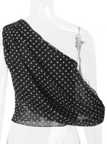 Glamine Elegant Party Mesh Polka Dot Asymmetric-Shoulder Women's New Year Tops