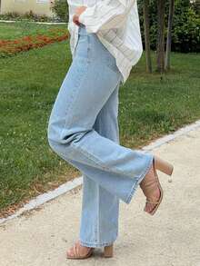 Jeta Ari 斜口袋休闲高腰阔腿牛仔裤 - 淺色水洗藍 - 查看 4