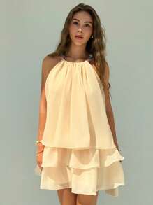 Aloruh Date Night Outfits Women Apricot Cute Vacation Halter Tie Ruffle Hem Mini Skater Dress For Women - Apricot - View 5