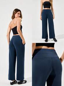 GLOWMODE 莫代尔丝绸触感阔腿高腰休闲裤，带侧袋，日常休闲秋季